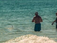 A father and son enjoy a sunny day while fishing in the ocean., tags: moderne den sport - pexel