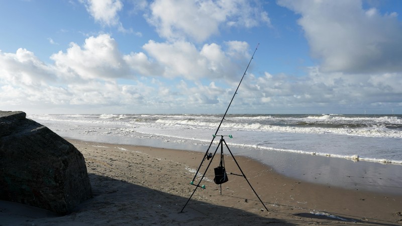 A lone fishing rod stands on a remote beach in Søndervig, Denmark against a backdrop of breaking waves and a vast horizon., tags: für - pexel